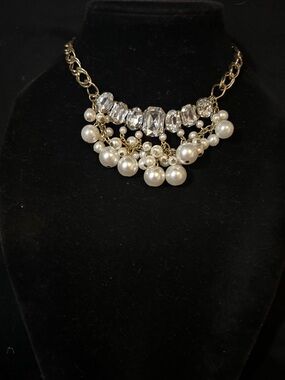 Gold-Tone Pearl & Crystal Bib Necklace - White Pearls